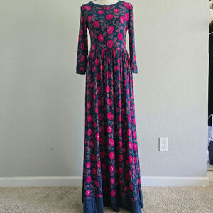 Women's Boho Floral Maxi Dress Cottagecore  Size S 3/4 Sleeve Stretchy Navy Blue